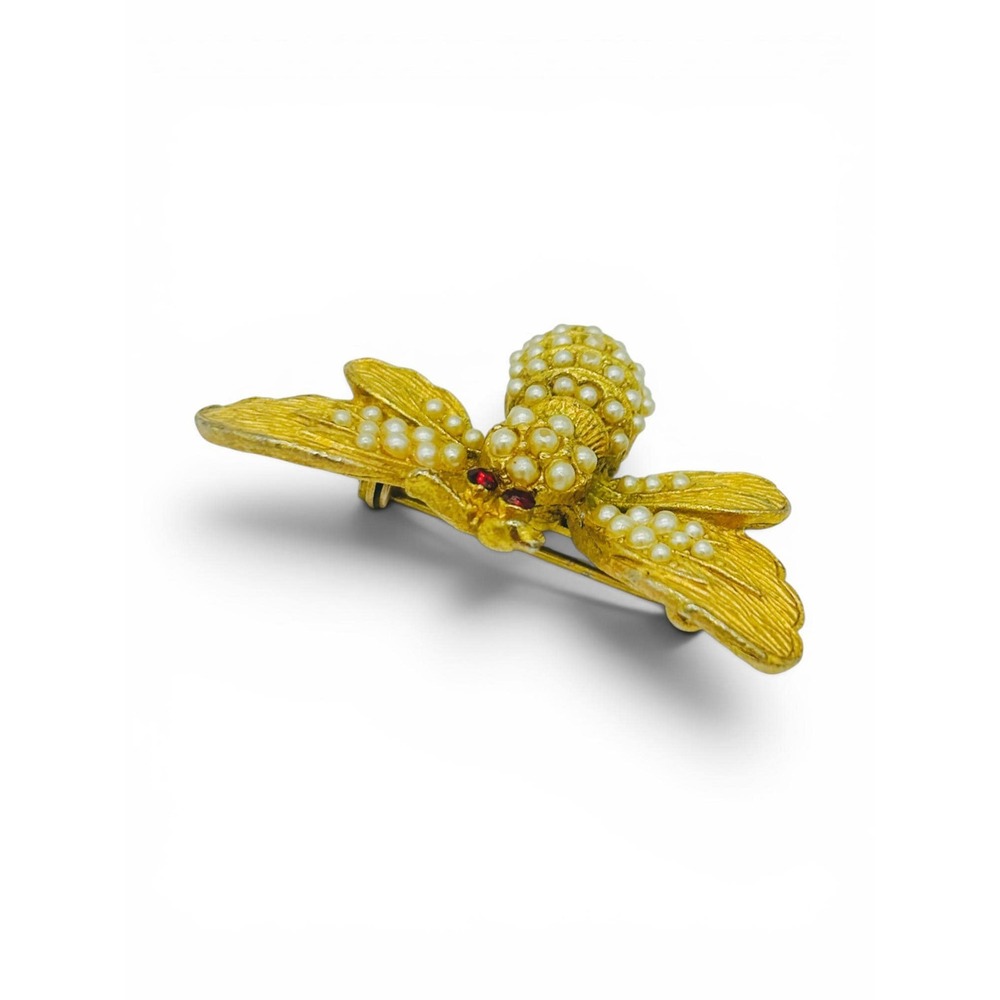 Vintage Gold-Tone Bee Brooch | Faux Seed Pearl Cabochons & Red Rhinestone Eyes - Picture 7 of 7